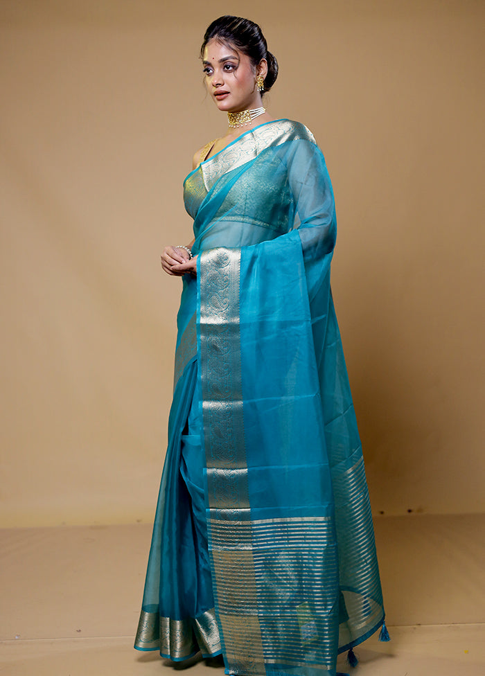 Blue Organza Saree With Blouse Piece