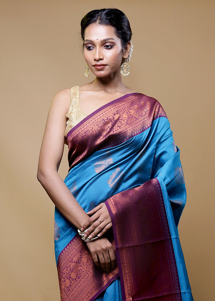 Blue Kanjivaram Silk Saree With Blouse Piece