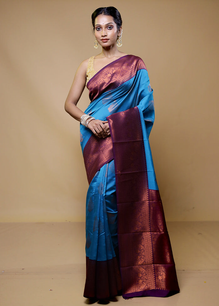 Blue Kanjivaram Silk Saree With Blouse Piece