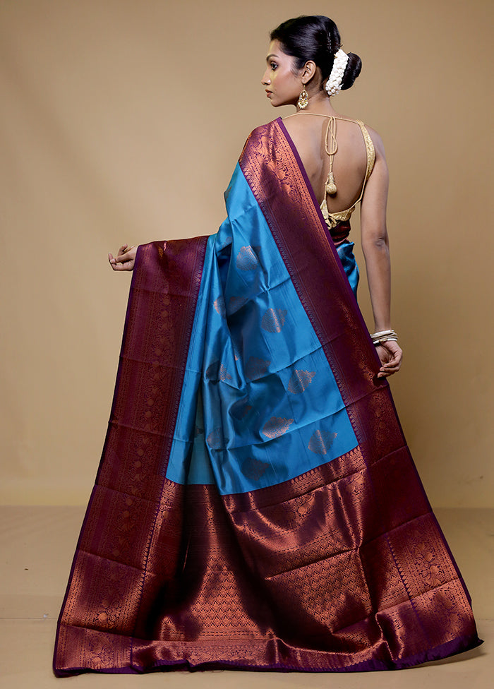 Blue Kanjivaram Silk Saree With Blouse Piece