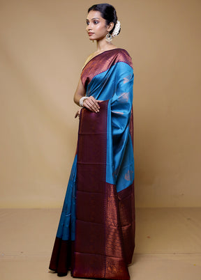 Blue Kanjivaram Silk Saree With Blouse Piece