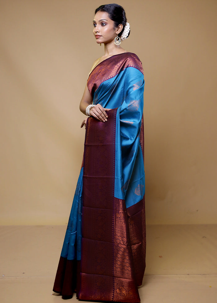 Blue Kanjivaram Silk Saree With Blouse Piece