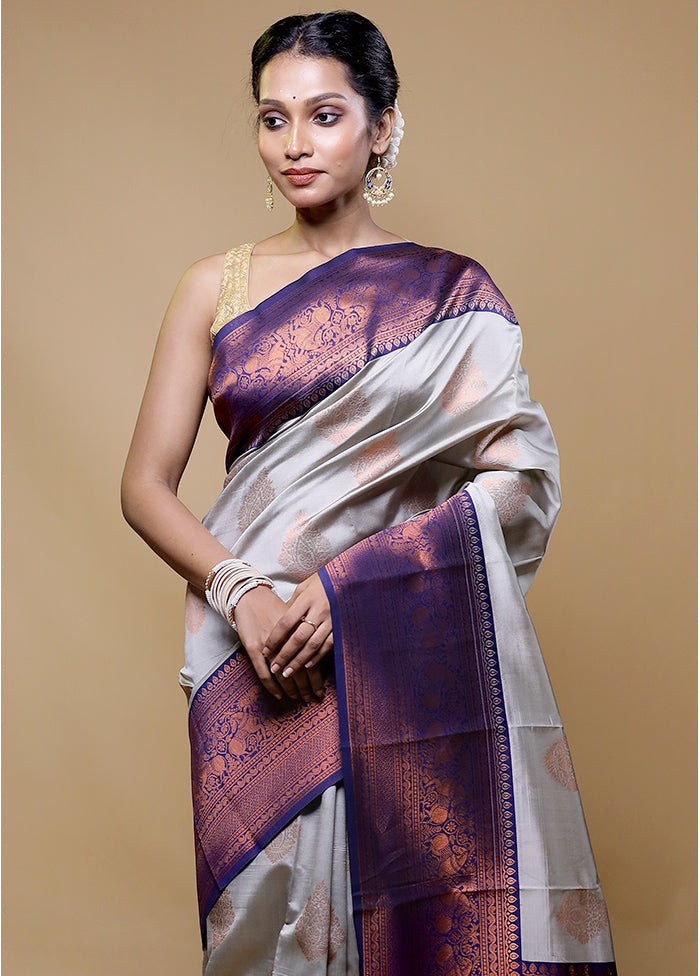 Grey Kanjivaram Silk Saree With Blouse Piece