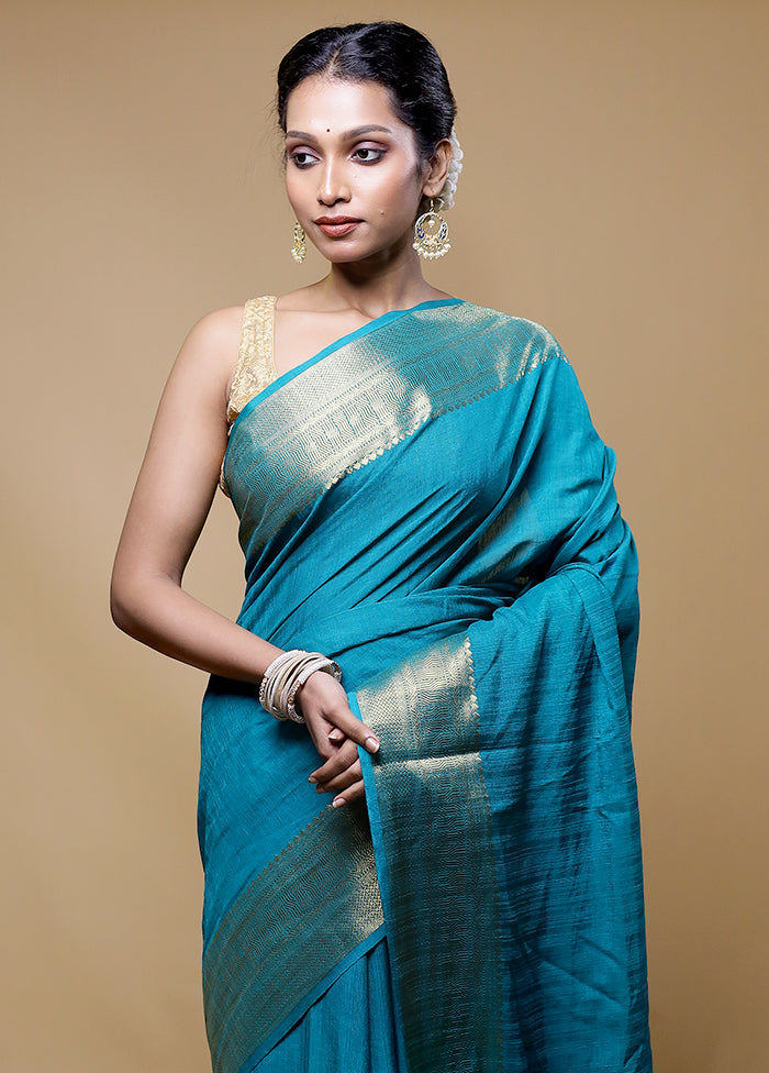 Blue Dupion Silk Saree With Blouse Piece