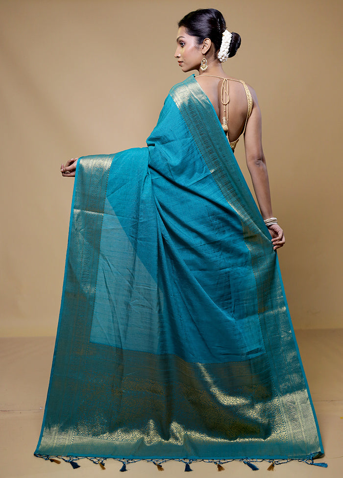 Blue Dupion Silk Saree With Blouse Piece