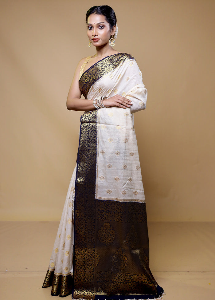 White Dupion Silk Saree With Blouse Piece