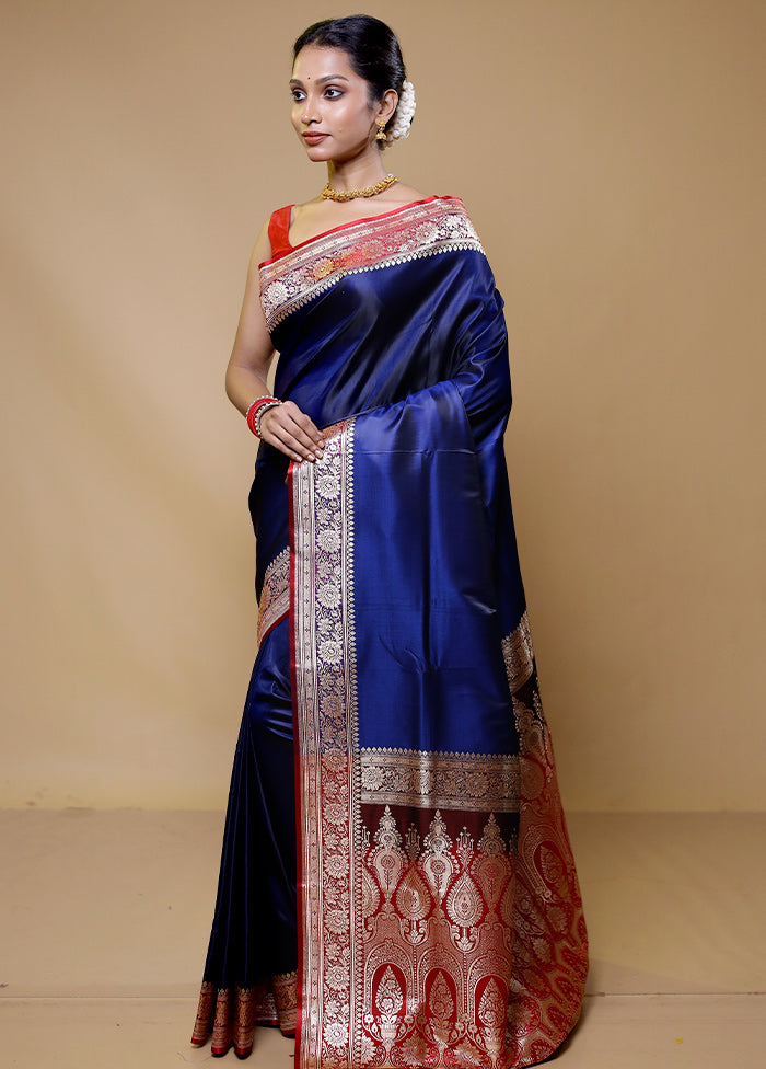 Blue Banarasi Silk Saree With Blouse Piece