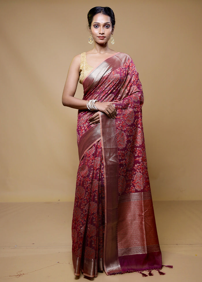 Maroon Kora Silk Saree With Blouse Piece