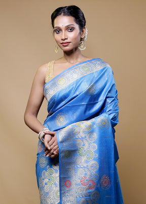 Blue Tissue Silk Saree With Blouse Piece