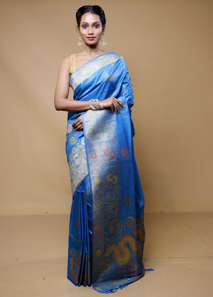 Blue Tissue Silk Saree With Blouse Piece