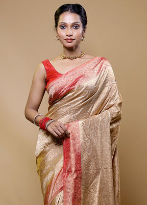 Beige Handloom Jamewar Pure Silk Saree With Blouse Piece