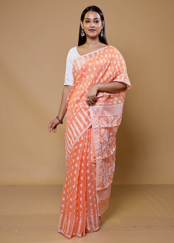 Peach Tant Jamdani Saree Without Blouse Piece