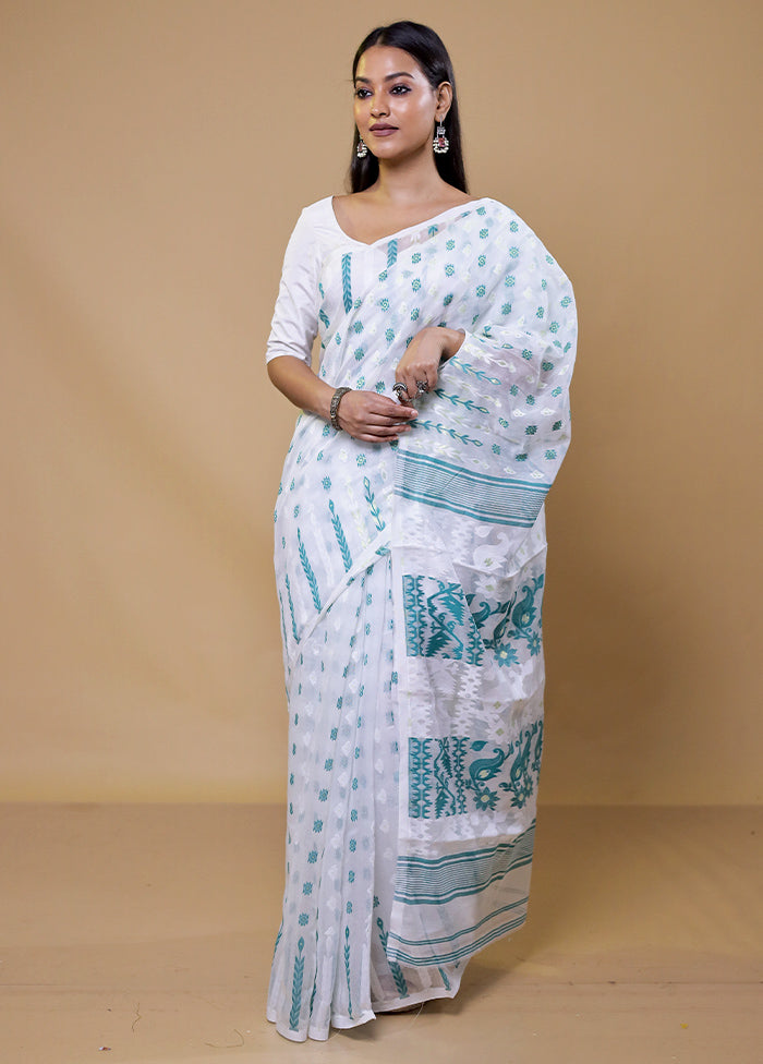 White Tant Jamdani Saree Without Blouse Piece