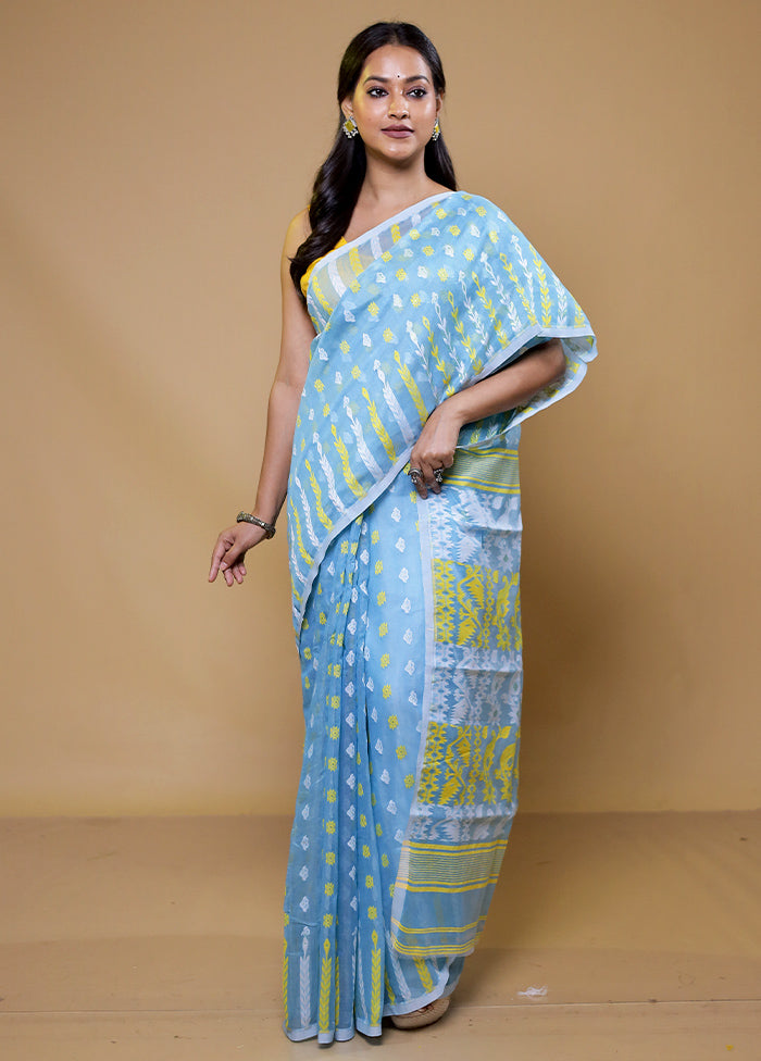 Blue Tant Jamdani Saree Without Blouse Piece