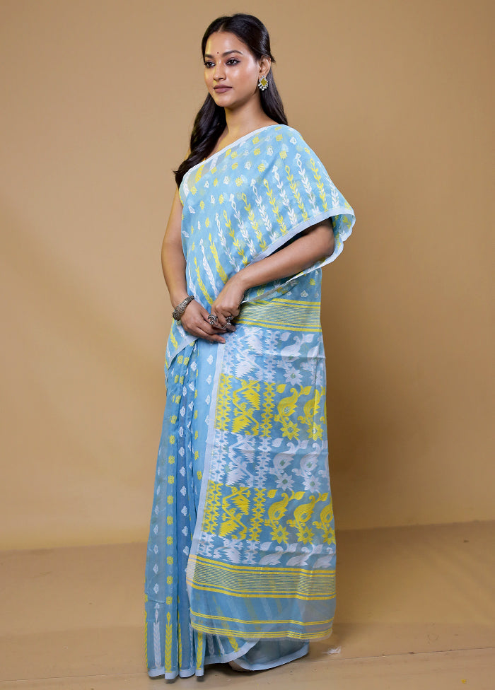 Blue Tant Jamdani Saree Without Blouse Piece