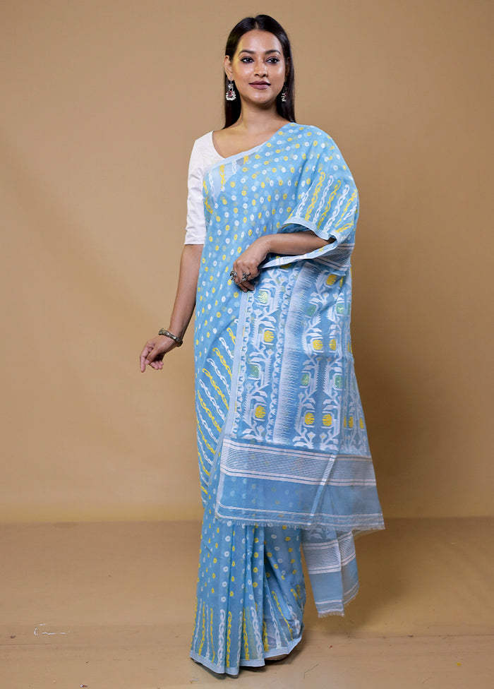 Blue Tant Jamdani Saree Without Blouse Piece