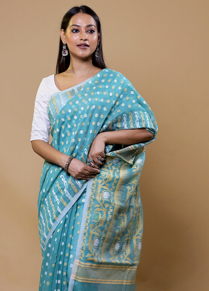 Blue Tant Jamdani Saree Without Blouse Piece