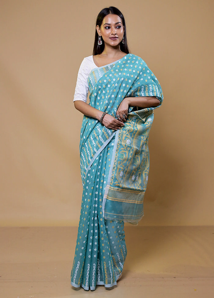 Blue Tant Jamdani Saree Without Blouse Piece