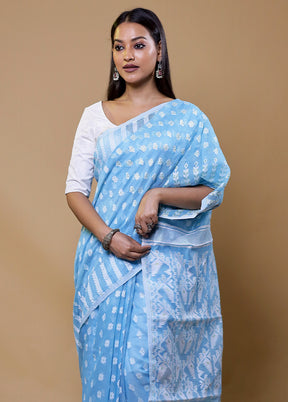 Blue Tant Jamdani Saree Without Blouse Piece