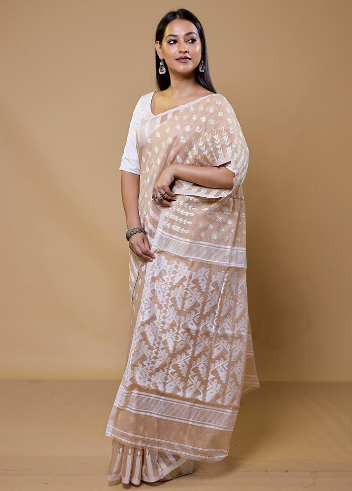 Cream Tant Jamdani Saree Without Blouse Piece