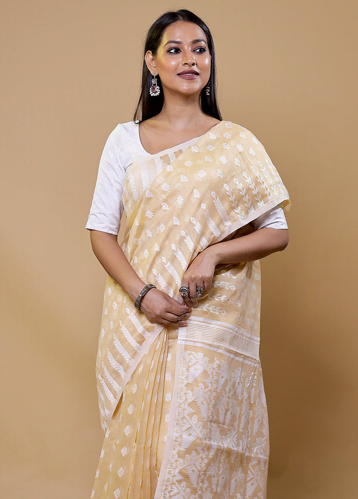 Cream Tant Jamdani Saree Without Blouse Piece