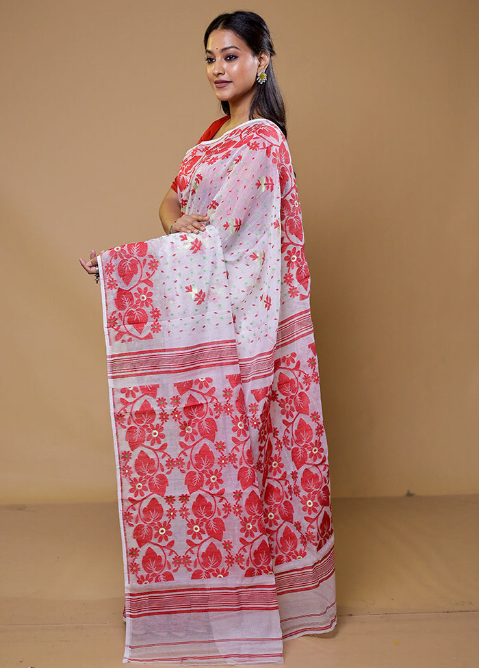 White Tant Jamdani Saree Without Blouse Piece