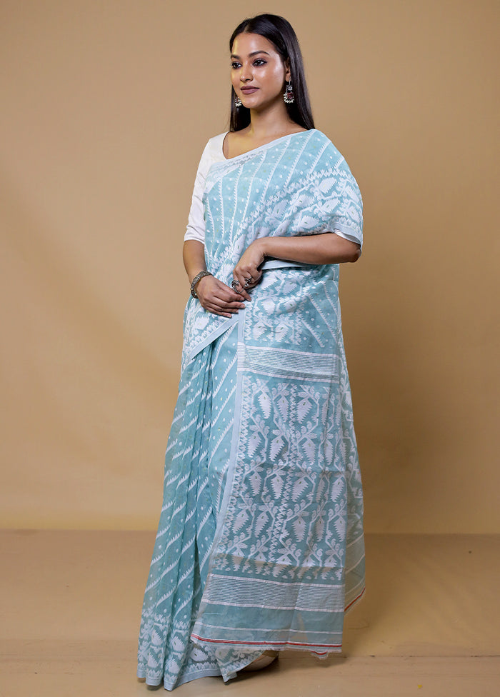 Blue Tant Jamdani Saree Without Blouse Piece