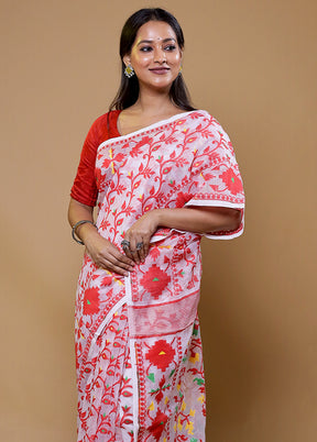 White Tant Jamdani Saree Without Blouse Piece