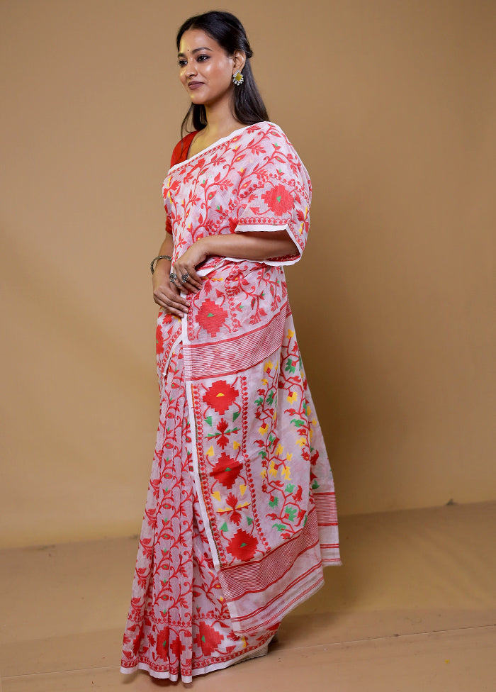 White Tant Jamdani Saree Without Blouse Piece