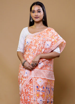 Peach Tant Jamdani Saree Without Blouse Piece