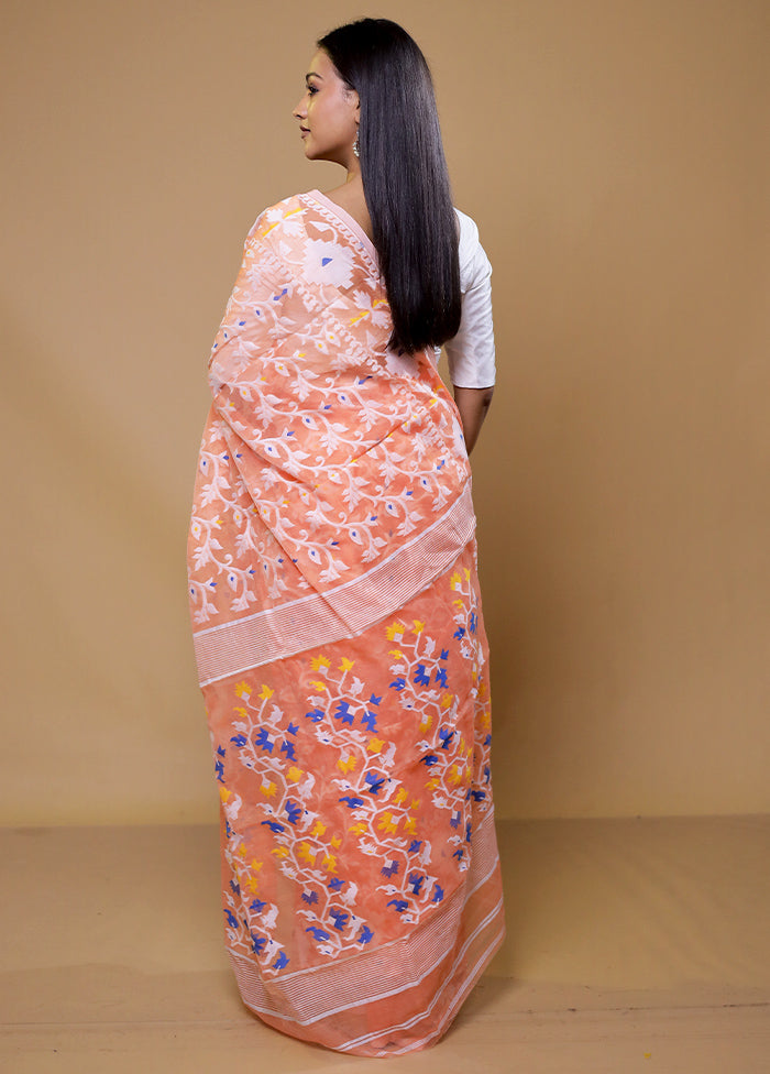 Peach Tant Jamdani Saree Without Blouse Piece