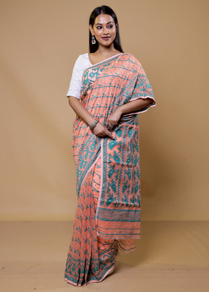 Peach Tant Jamdani Saree Without Blouse Piece