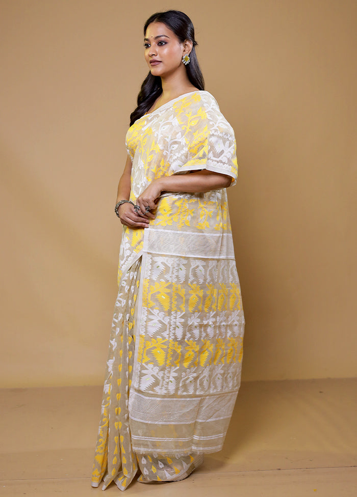 Cream Tant Jamdani Saree Without Blouse Piece