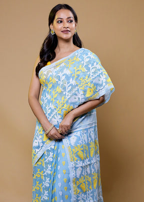 Blue Tant Jamdani Saree Without Blouse Piece