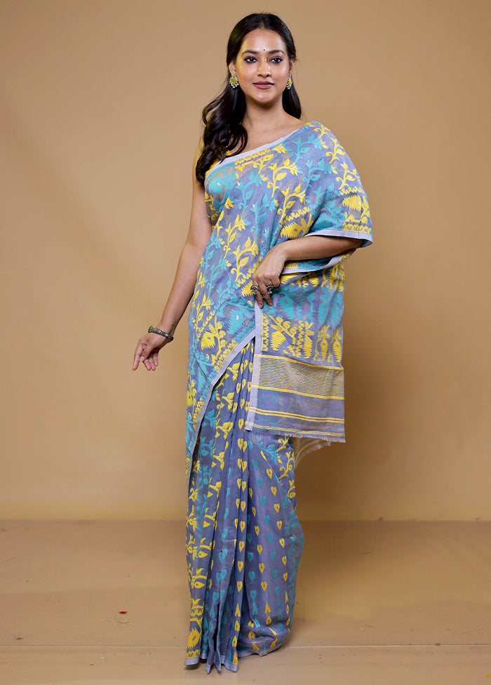 Blue Tant Jamdani Saree Without Blouse Piece