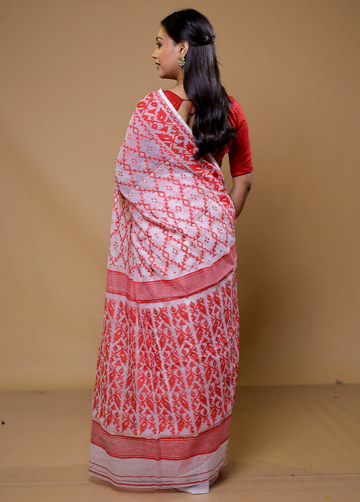 White Tant Jamdani Saree Without Blouse Piece