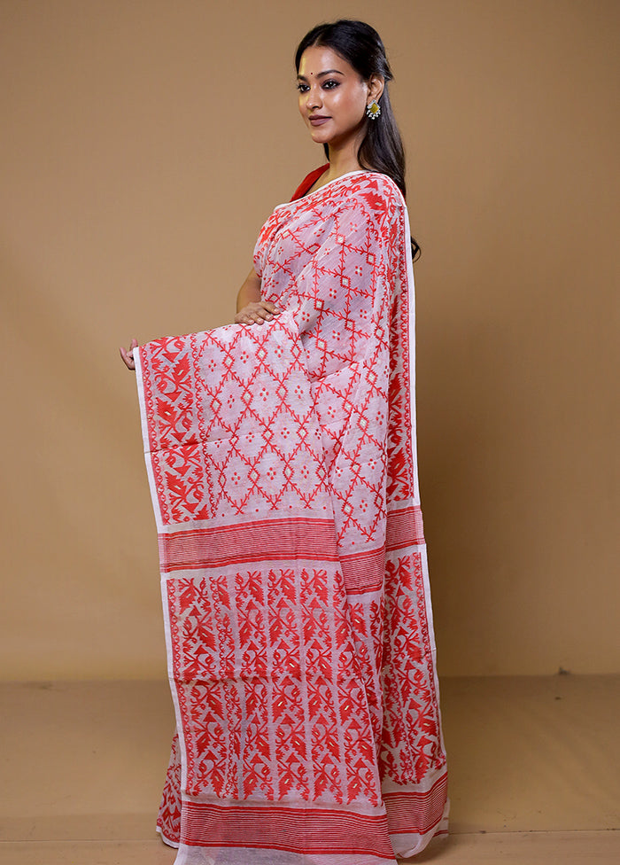 White Tant Jamdani Saree Without Blouse Piece