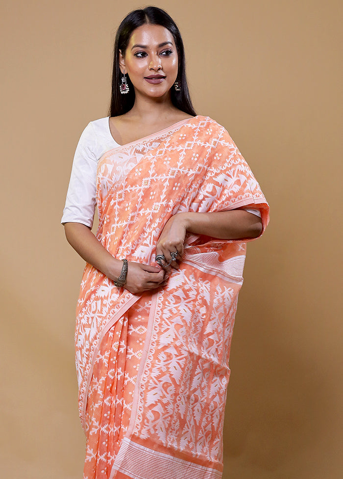 Peach Tant Jamdani Saree Without Blouse Piece