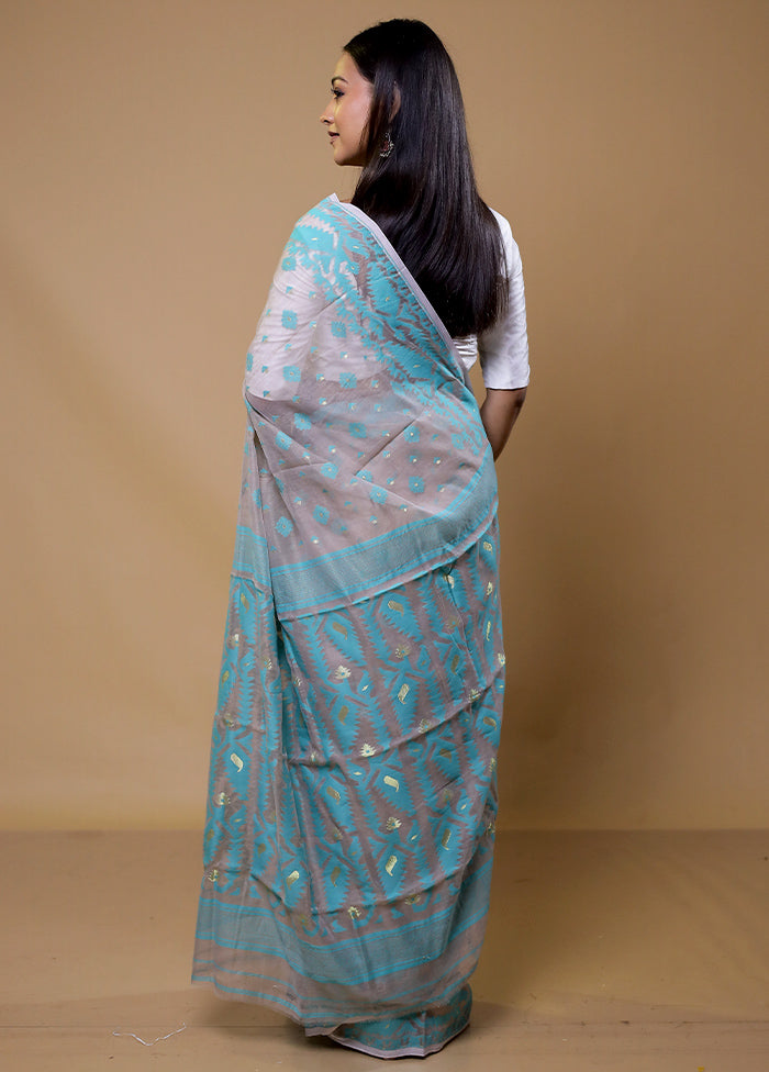 Blue Tant Jamdani Saree Without Blouse Piece