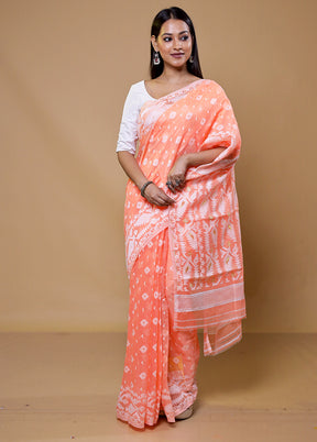 Peach Tant Jamdani Saree Without Blouse Piece