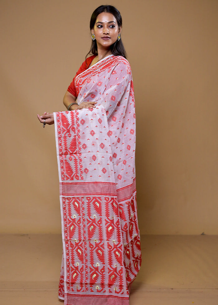 White Tant Jamdani Saree Without Blouse Piece