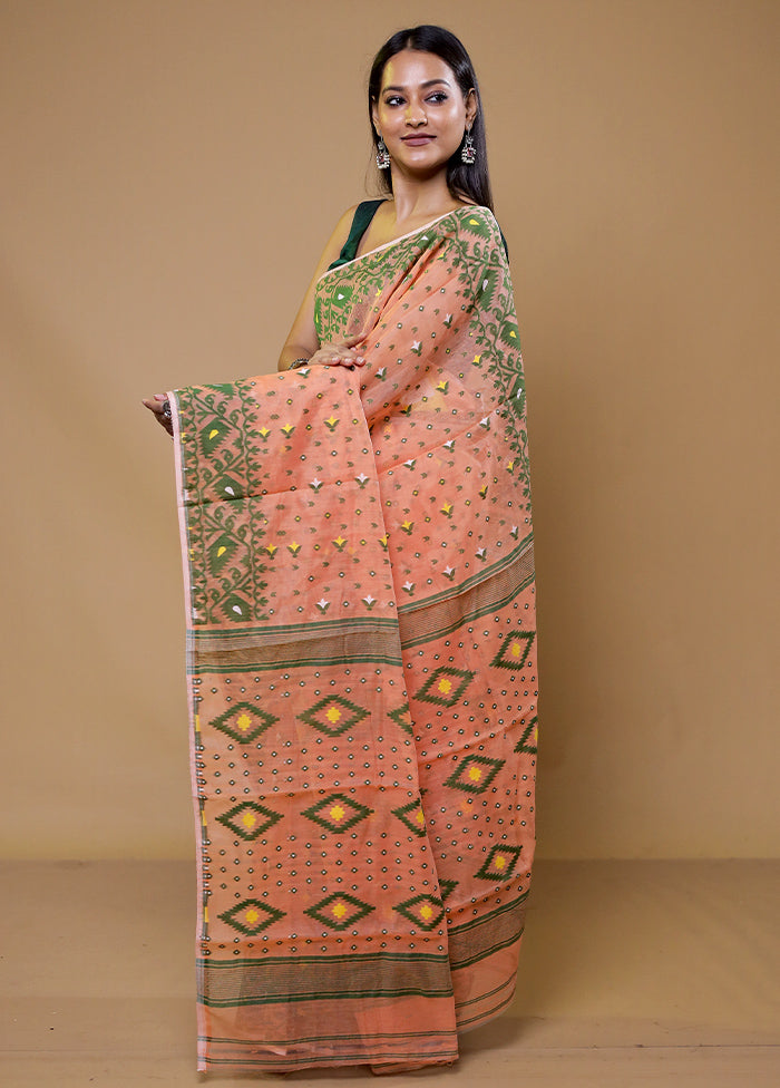 Peach Tant Jamdani Saree Without Blouse Piece