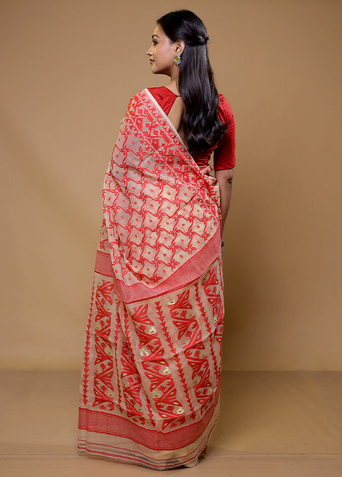 Cream Tant Jamdani Saree Without Blouse Piece