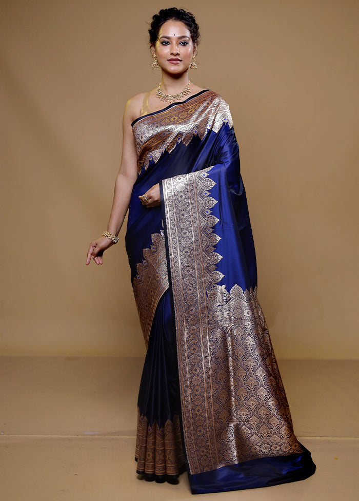 Blue Banarasi Silk Saree With Blouse Piece