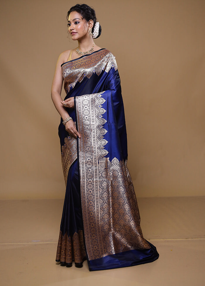 Blue Banarasi Silk Saree With Blouse Piece