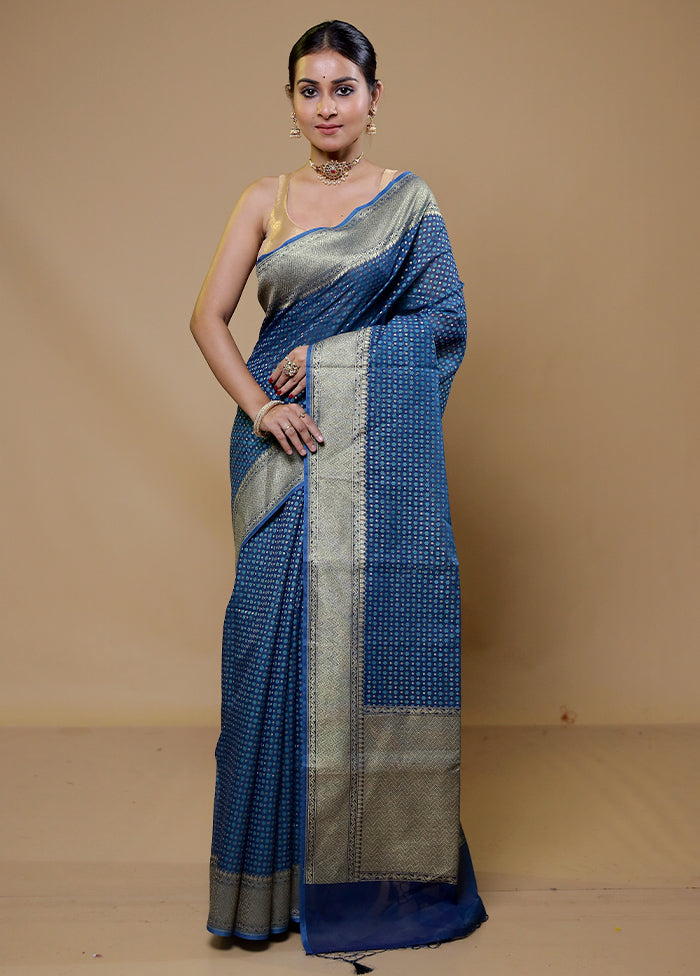 Blue Kora Silk Saree With Blouse Piece