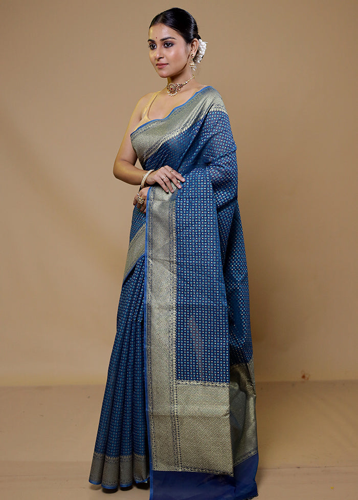 Blue Kora Silk Saree With Blouse Piece