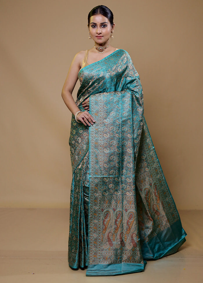 Blue Handloom Jamewar Pure Silk Saree With Blouse Piece