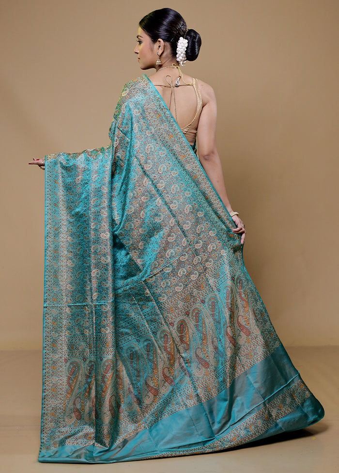 Blue Handloom Jamewar Pure Silk Saree With Blouse Piece