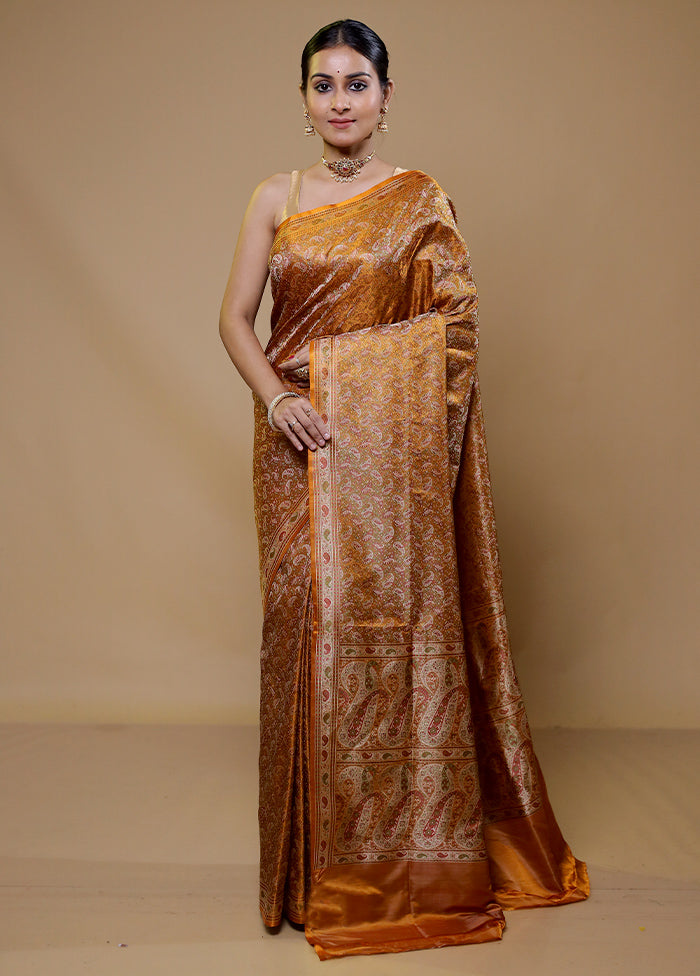 Orange Handloom Jamewar Pure Silk Saree With Blouse Piece